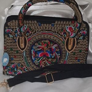 NEW Floral Embroidered Black Shoulder Bag
